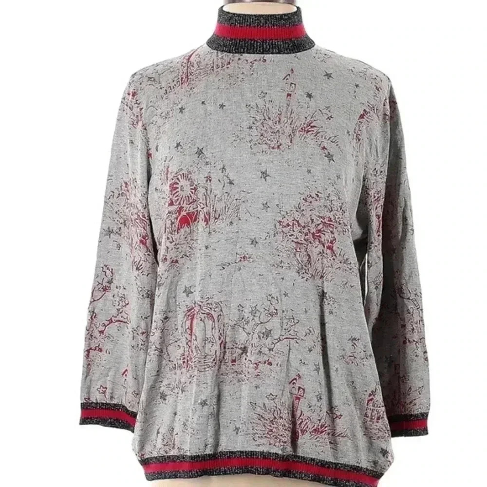 Leo & Ugo Rare! 3/4 Sleeves Grey & Red High Neck Pullover Sweater Women’s Size 4